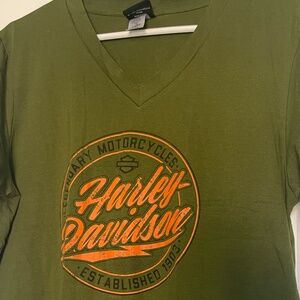 Harley-Davidson Graphic T-Shirt | Olive Green V-Neck | Logo Tee | Size 3XL